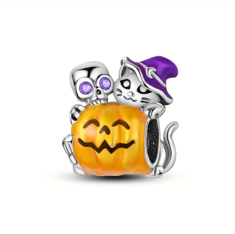 925 Witch Cat & Skeleton On Pumpkin Luminous Charm-NEW